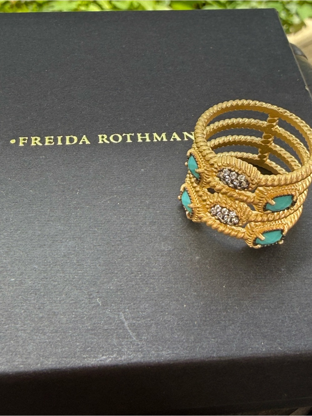 New in Box Freida Rothman 925 Sterling Stamped Gold-Tone Pave & Turquoise Ring 8
